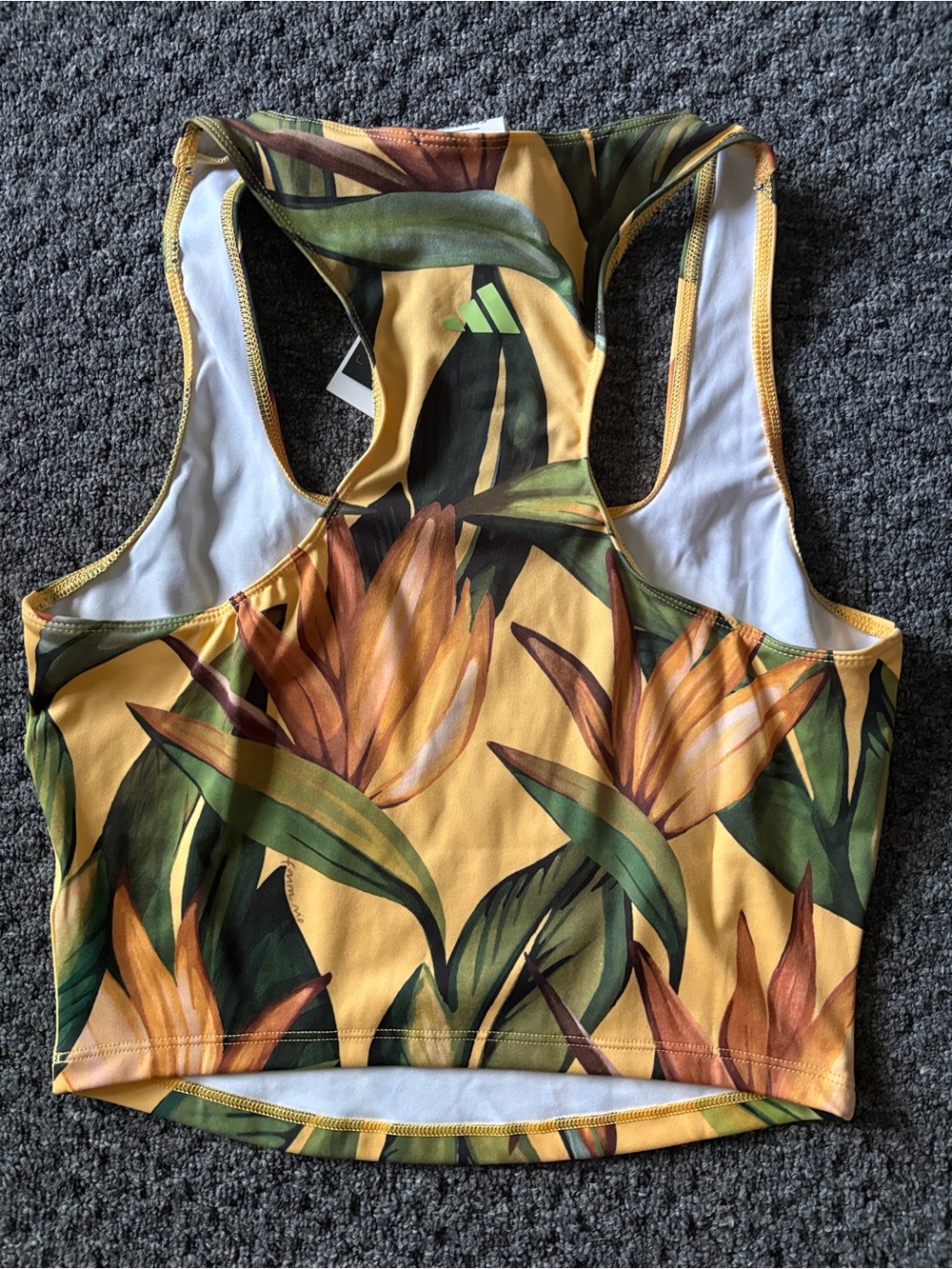 Adidas Farm Rio Birds of Paradise Racerback Green Yellow Tropical Crop Tank Top - Picture 2 of 3